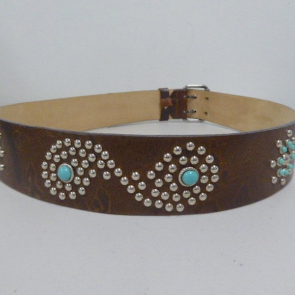 Streets Ahead leather belt brown studded turquoise paisley silver buckle L USA main image 5